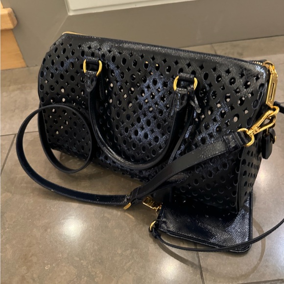 Prada Saffiano Vernice Perforated Bowling Bag with Wallet - Picture 2 of 12